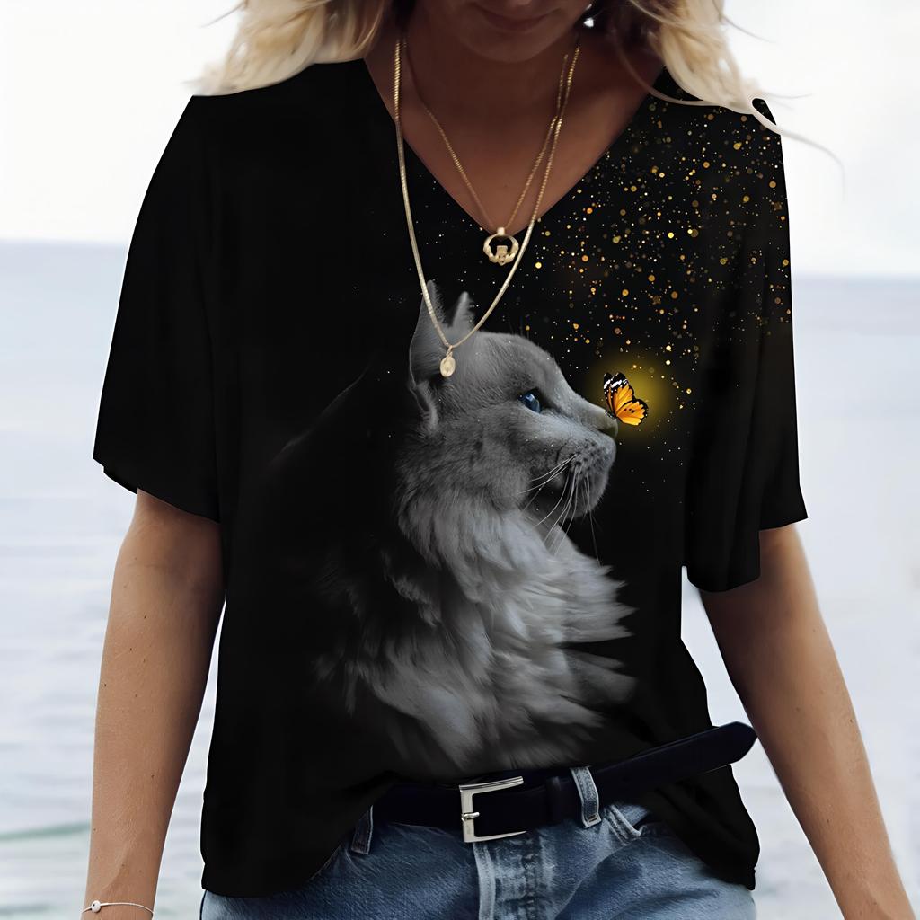 Women's Casual Summer V-Neck Short Sleeve T-Shirt Kawaii Harajuku Style Cute Kitten 3D Print Fashionable Loose