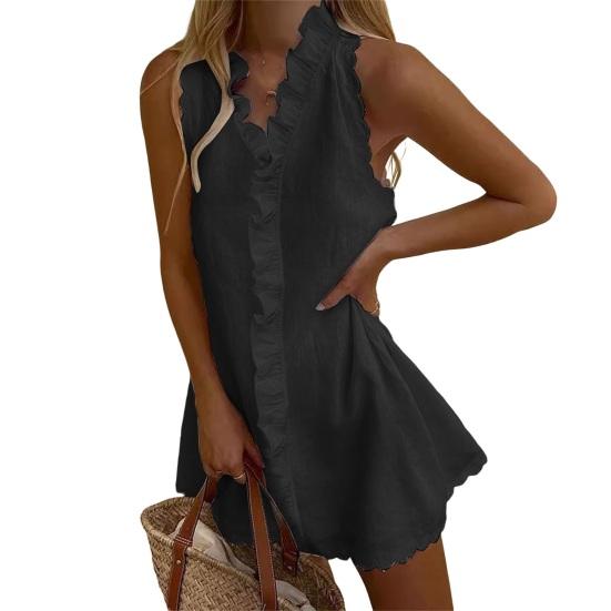 Summer Ruffle Mini Dress for Women, Sleeveless V Neck Cotton Linen Short Dress, Boho Beach Vacation Casual A-Line Sundress