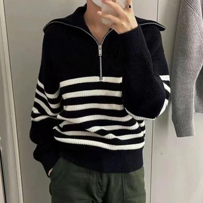Loose Knit Sweater with A Lazy StyleHalf Zip Striped Pullover Big Collar Autumn/winter Polo High Neck Sweater for Women