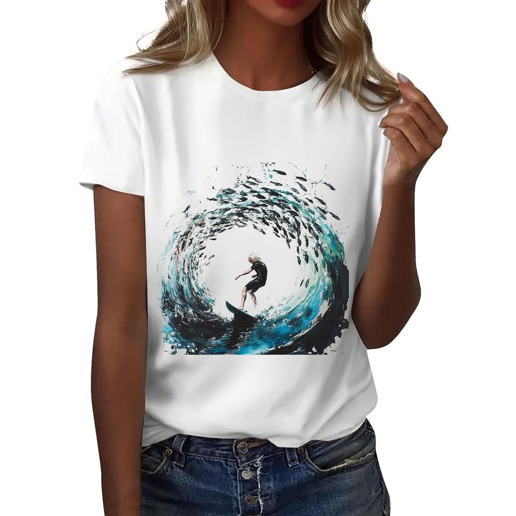 Women's Round Neck Casual Printed Short-sleeved T-shirt Top