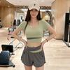 Petite High-Waisted Tummy Control Yoga Set: Skin-Friendly Short Sleeve Crop Top & Hip-Covering Shorts for Versatile Outdoor Fitness.