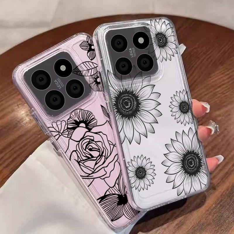 Black Line Floral Pattern Case For Xiaomi Redmi Note 15 Pro 4G Funda Redmi Note 14 13 Pro 5G Clear TPU Silicone Soft Cover