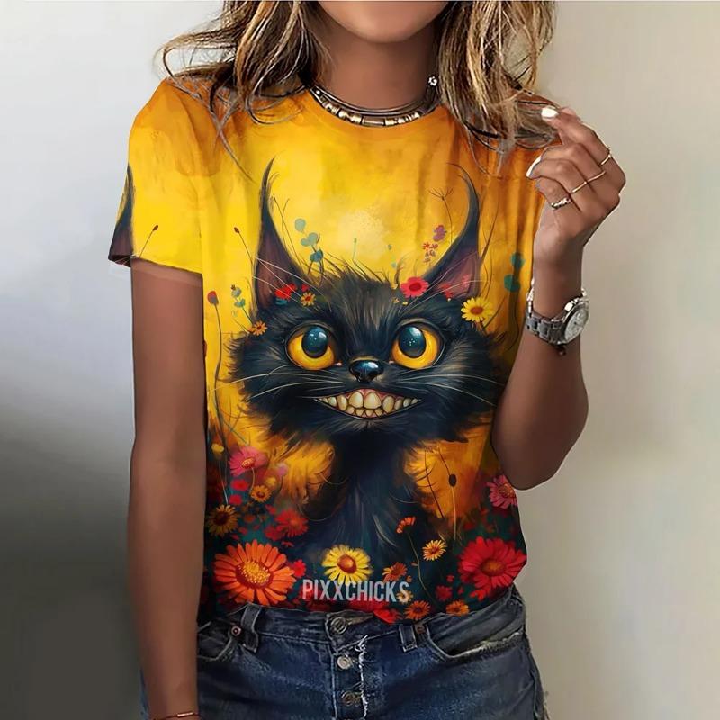 Summer O-Neck Short Sleeve Women's T-Shirt 3d Printed Black Cat Pattern T-Shirt Pullover Top Fashion Street Female Clothing 2024