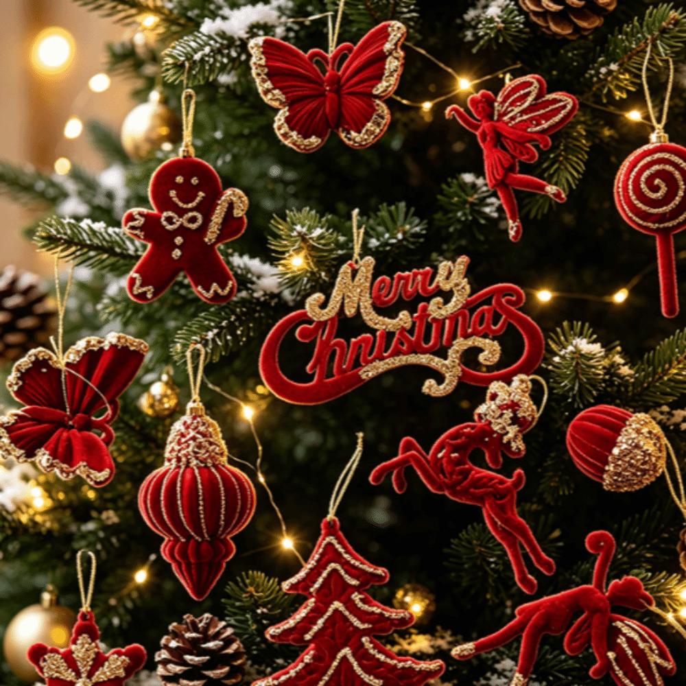 Red Flocked Velvet Christmas Tree Ornament Glitter Trim Xmas Pendant Tree Hanger Festival Layout