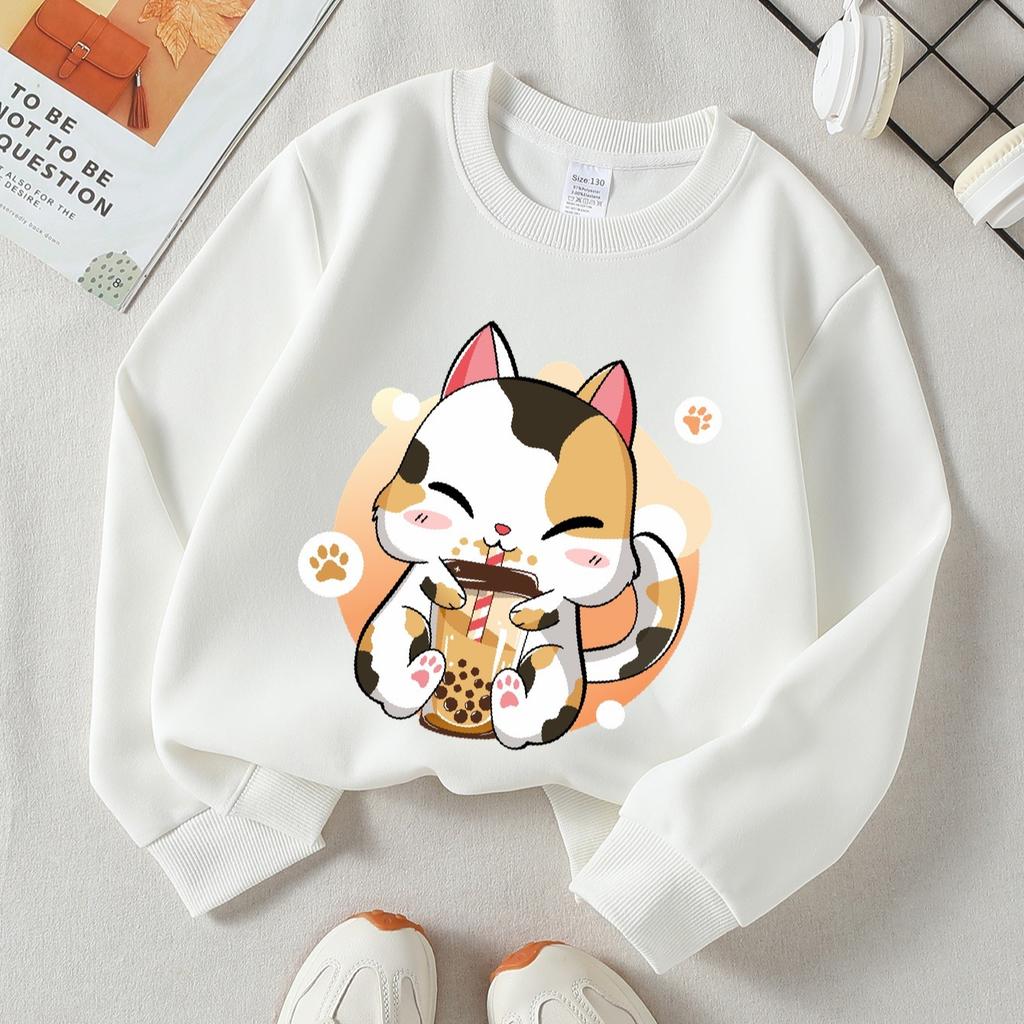 Kids Crewneck Long Sleeve Sweatshirt,Cartoon Lucky Cat Graphic Print