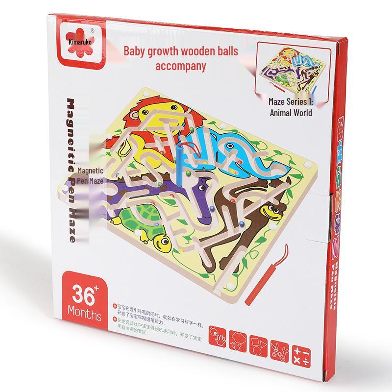 Wooden Marble Maze with Magnetic Pen – Animal Track Educational Toy for Kids