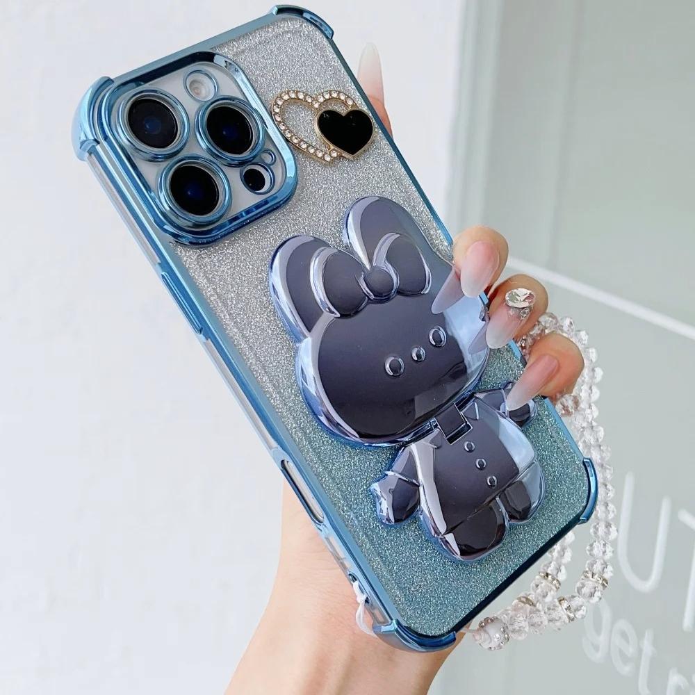 Luxury Mirror Rabbit Crystal Chain Phone Case For Xiaomi 15 Ultra 15Pro 14T 13T 12T Pro 12S 12X Shockproof Holder Cover