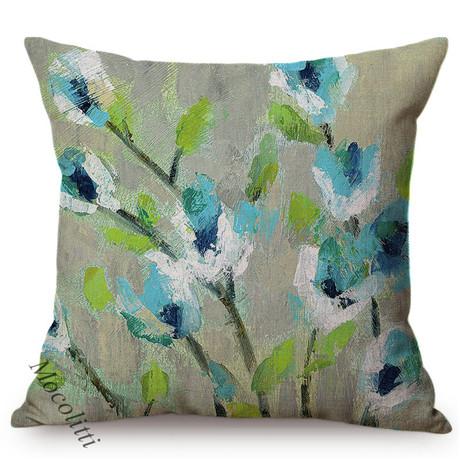 Spring Decoration Blue Flower Blue Birch Cherry Dogwood Blossoms Branch Oil Painting Design Cushion Cover Sofa Throw Pillow Case