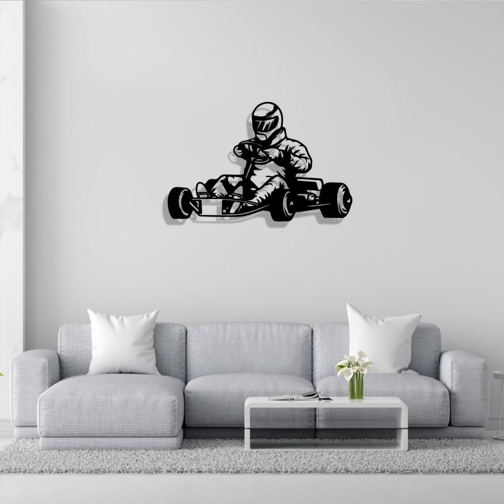 Dynamischer Go-Kart-Rennfahrer Metallwandkunst, Eisenskulptur, Geschenk für Rennsportfans, Rostfreie Garagendekoration, Motorsport-Thema