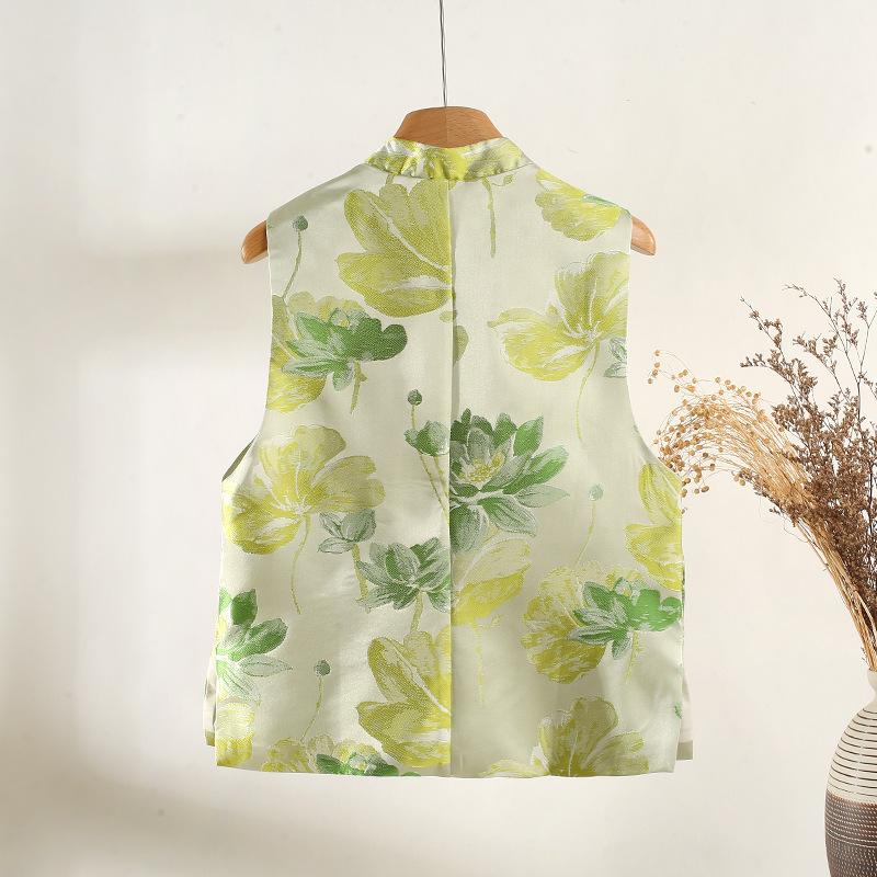 Green lotus brocade jacquard vest women's new product diagonal placket stand-up collar temperament sleeveless vest
