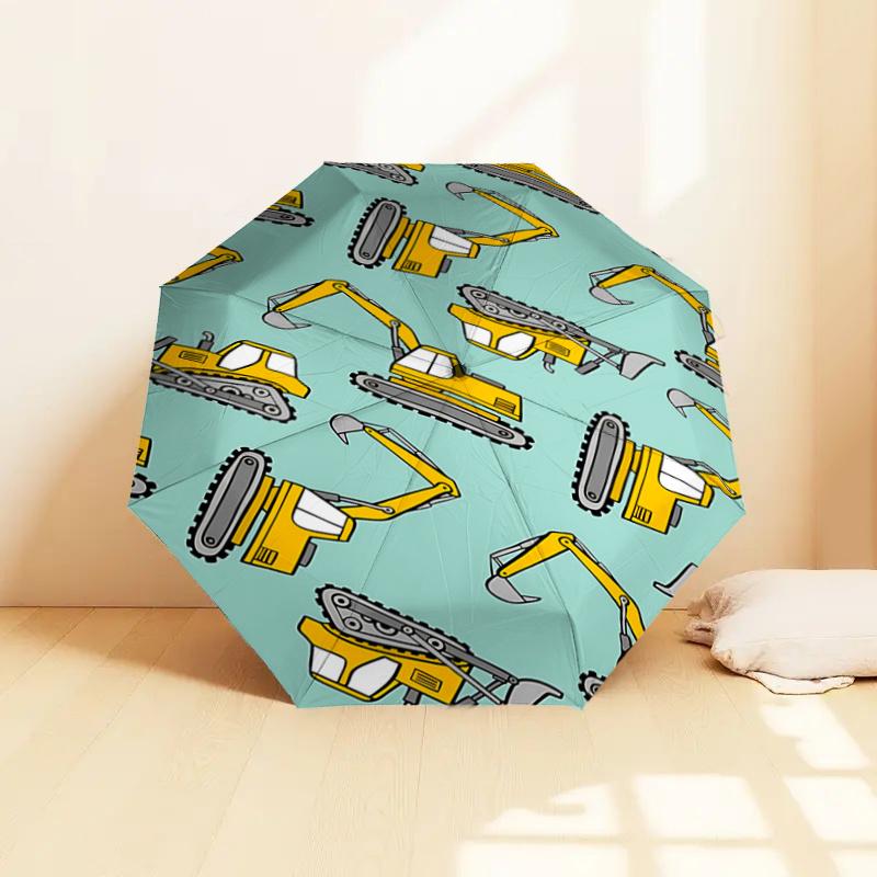 Construction Vehicle Print Umbrella Automatic Opening&Closing,Portable 3 Fold Design,8 Rib Iron Frame Outdoor Umbrella,Perfect Gift f