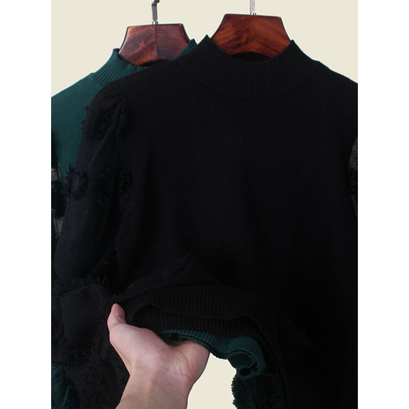 French Style Small Stand-up Collar Puff Sleeve Patchwork Knitting Bottoming Shirt Export Elegant Long Sleeve Pullover Top