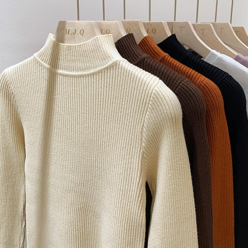 Fashion Women Knitted Bottoming Turtleneck Sweater Autumn Winter Long Sleeve Half High Collar Casual Simple Pullover Shirt Slim Fit Basic Thin Top