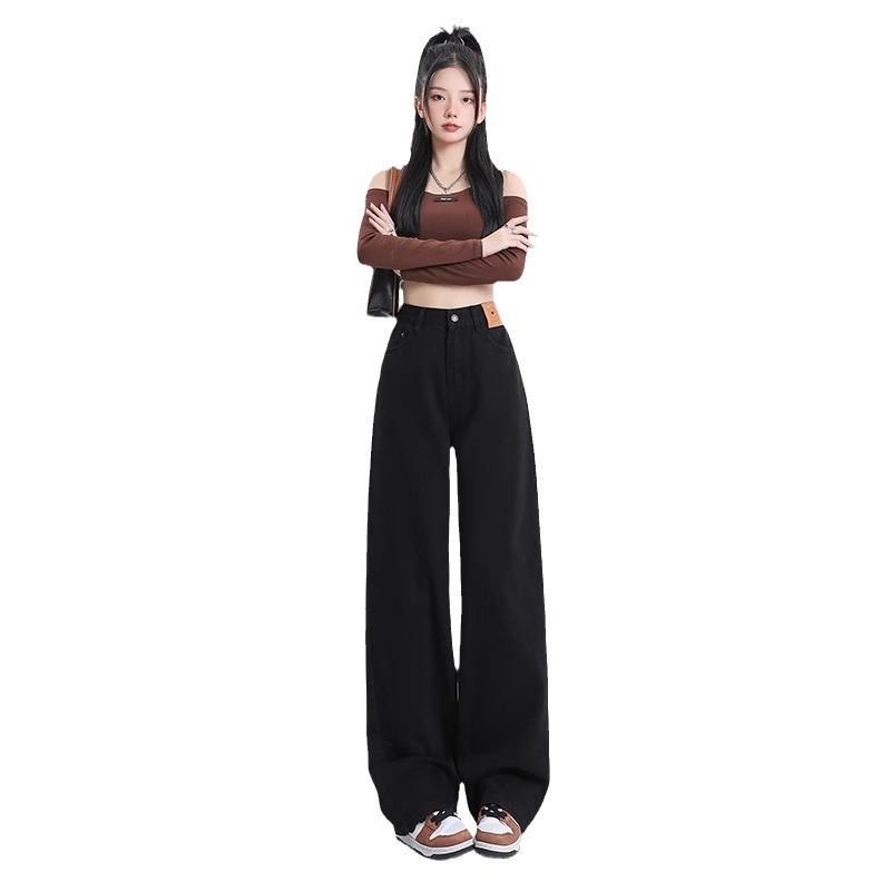 Women's Black High-Waist Wide-Leg Jeans - Slimming, Tall-Enhancing Fit, Versatile Fashion Long Pants