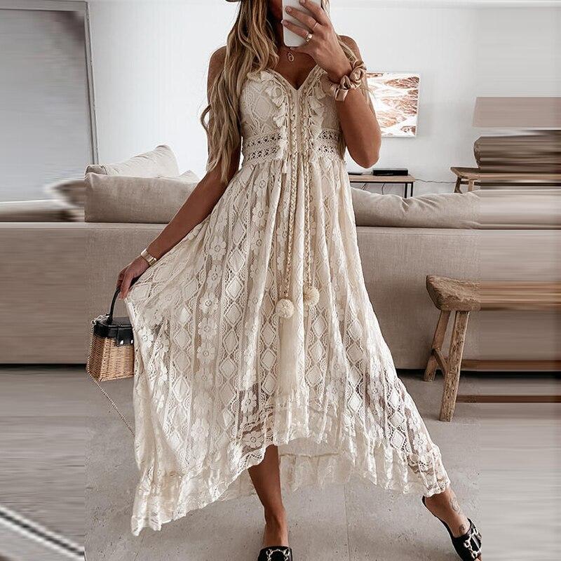 V-Ausschnitt Lace Up Cover Up für Frau Sexy Spitze Lose Einfarbig Strandkleid