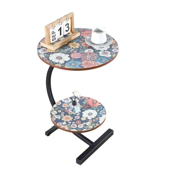 C-shaped Side Table with Floral Tabletop Metal Frame Office Living Room Bedroom