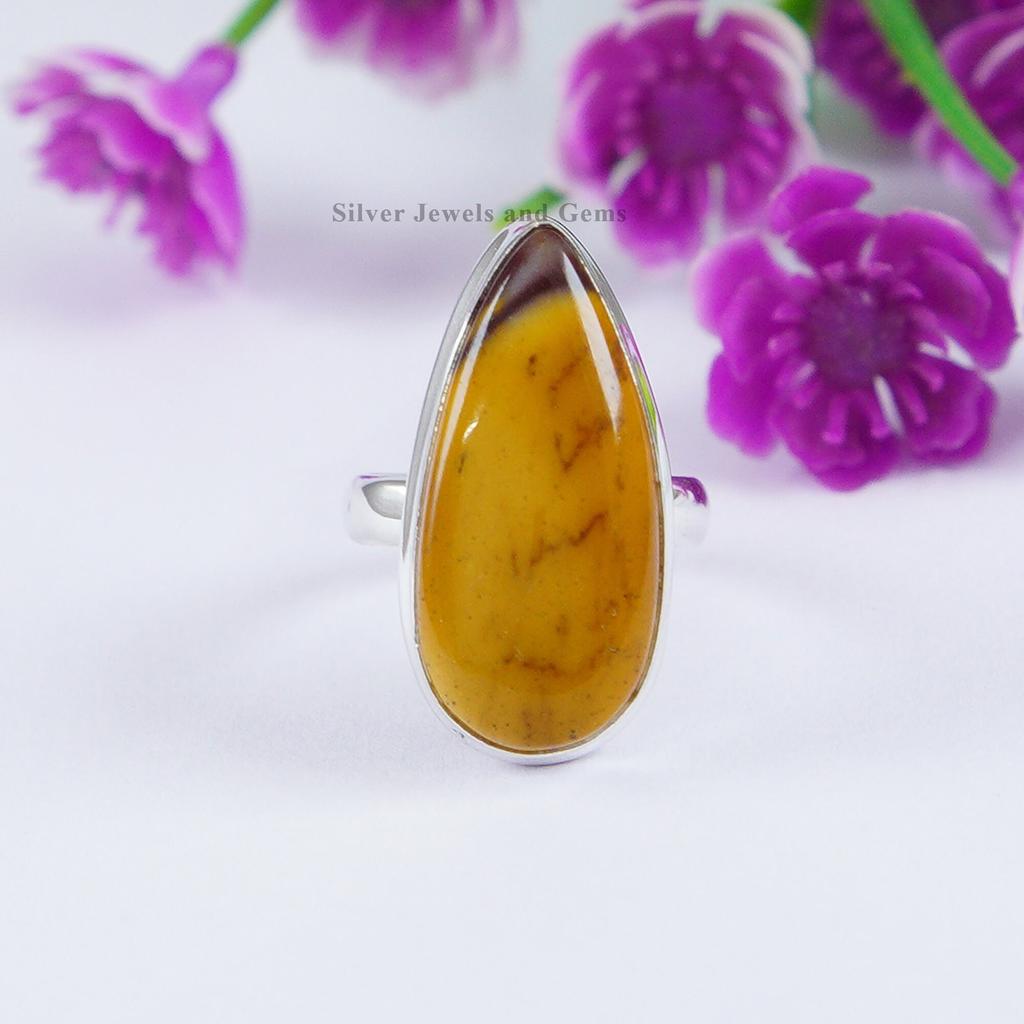 Natural Mookaite Jasper Ring, Teardrop Yellow Jasper Ring, 925 Sterling Silver Ring, Anniversary Ring, Handmade Ring For Her, Gemstone Ring