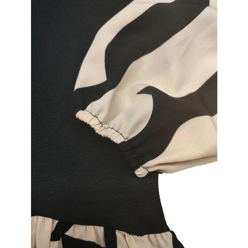 Women's Abstract Print Long - Sleeve Top, Square Neck, Black - Beige Design, Ideal for Casual Errands & Office Days