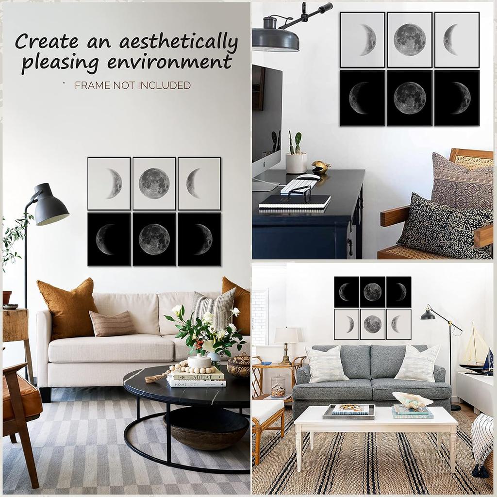 97 Decor Moon Poster Decor - Phases Of The Moon Wall Art, Moon Phase Cycle Art Prints, Vintage Black and White Night Posters for Bedroom Decoration
