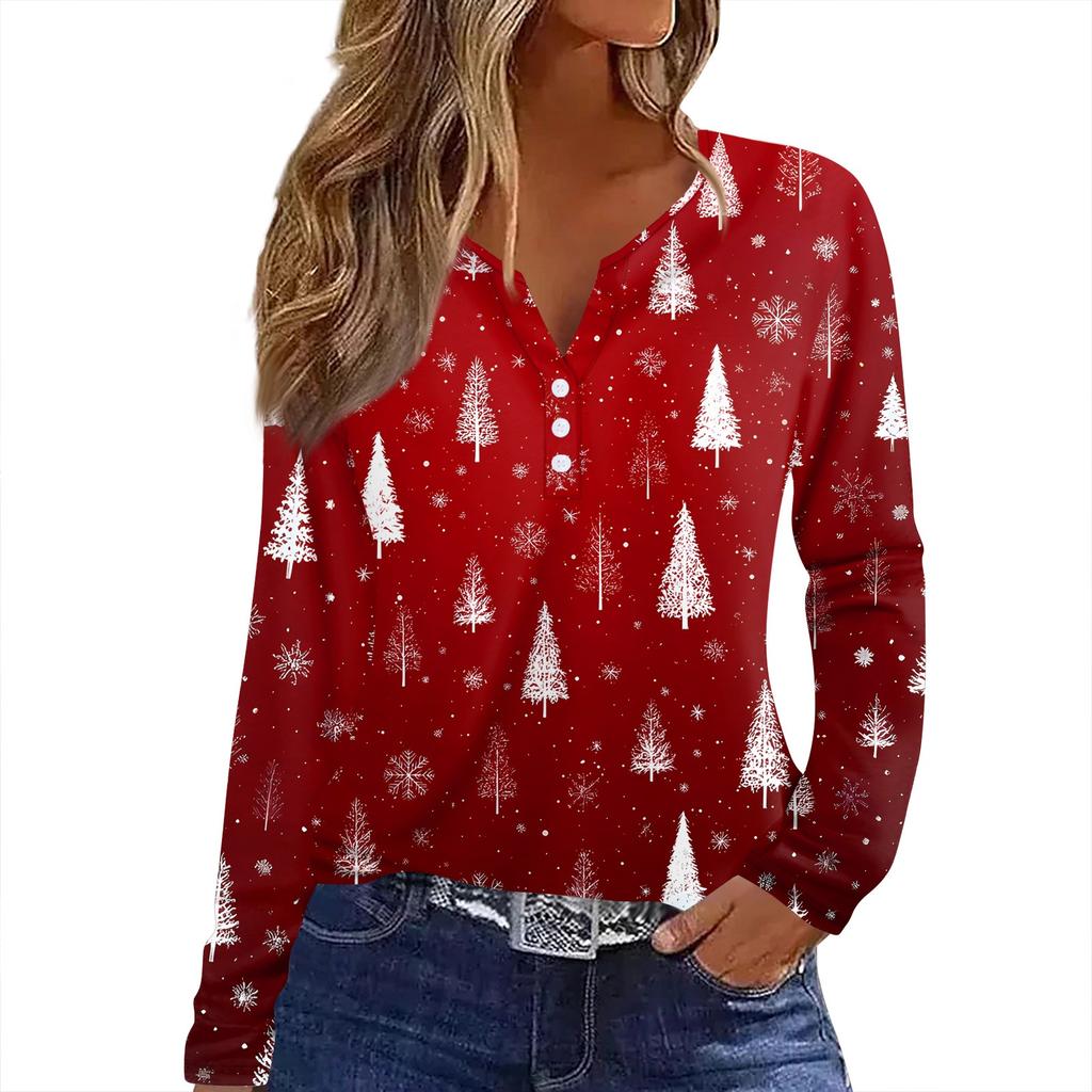 Camiseta de Mujer Estampado Navideño Botón Manga Larga Diario Fin de Semana Moda Básica Cuello en V Regular Top