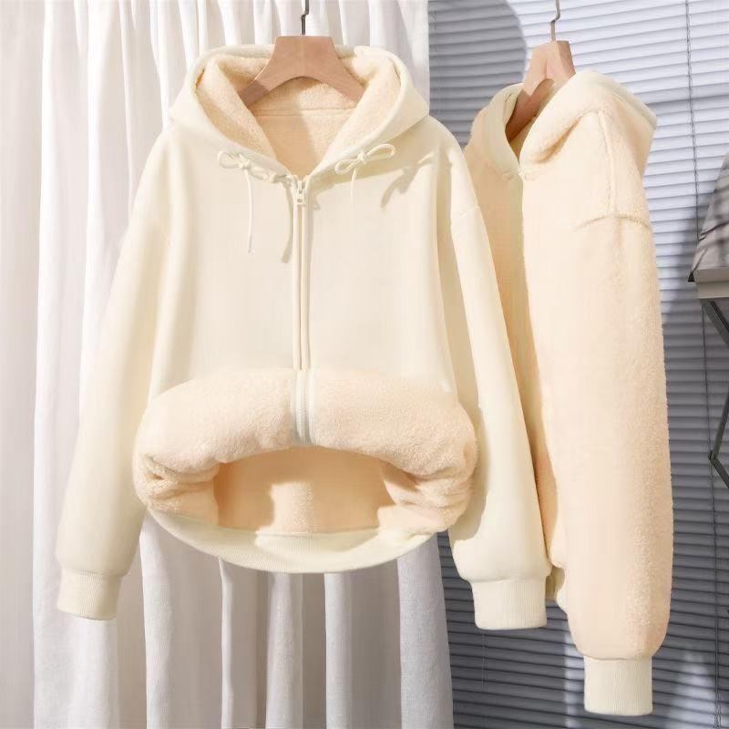 Men's Trendy Casual Lambswool Hoodie: Thick, Solid Color Zip-Up with Hood