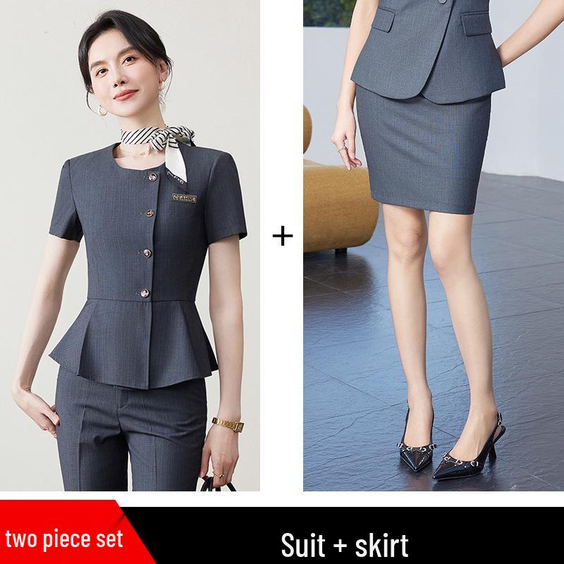 Women's Professional Ruffled Suit Set - Short-Sleeved, Cinched Waist for Hotel Reception Businesswear