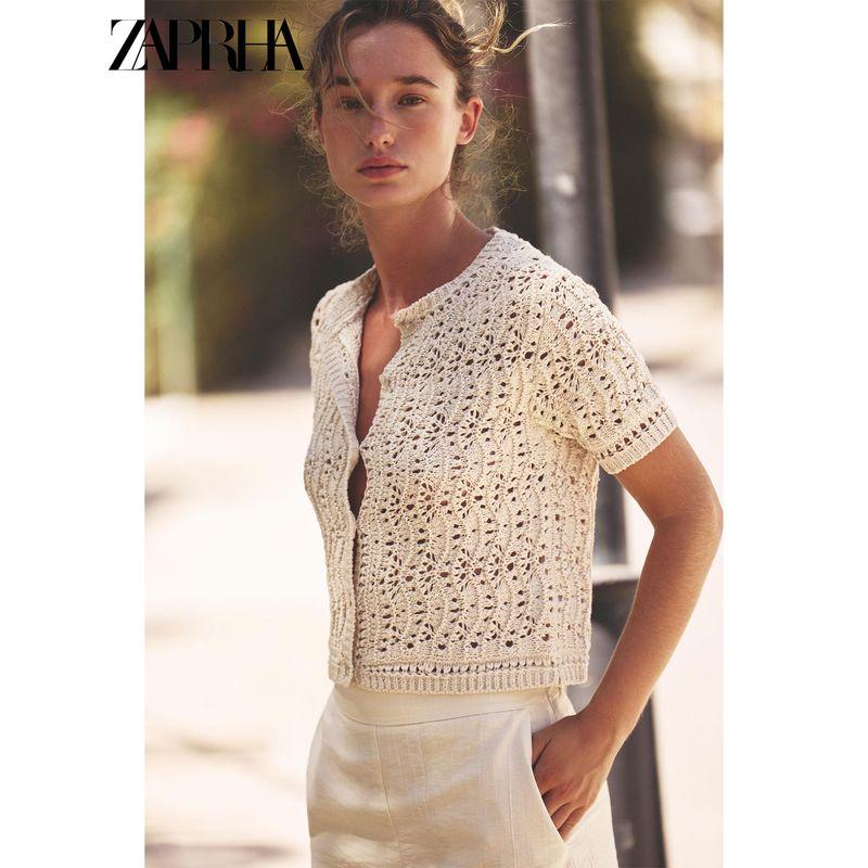 Zaprha 2025 Summer New Sweet Style Versatile Hollow Knitted round Neck Short sleeve Cardigan Outerwear 8082001