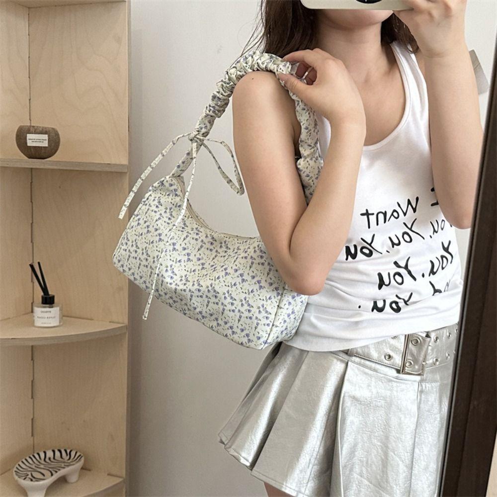 

Bowknot Ribbon Floral Bag Korean Style Pleated Single Shoulder Bag Trendy Bow Armpit Bag Girls розовый