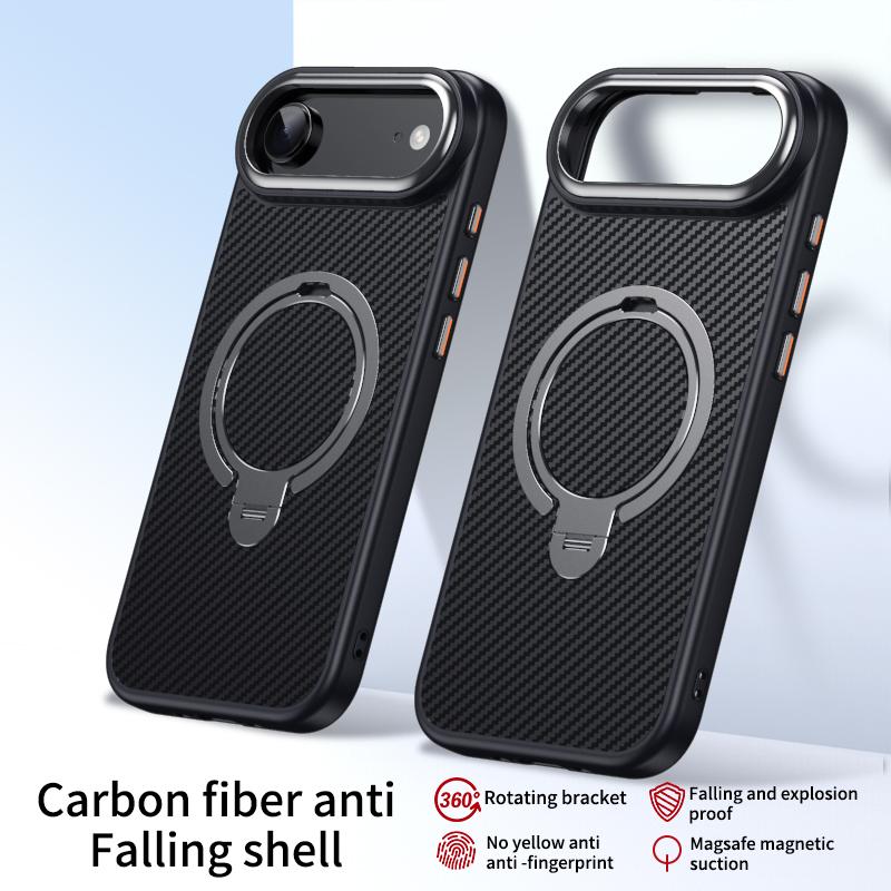 Carbon Fiber Rotating Stand Magnetic Magsafe Phone Case For iPhone 17 16 15 14 13 12 Pro Max 17Air 16E Metal Camera Frame Button