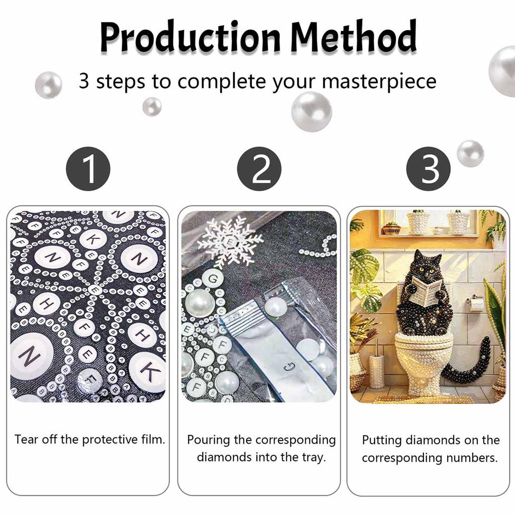 Elegant Framed Pearl Art DIY Set with Funny Black Cat Reading Newspaper 5D Sparkling Bead Canvas Painting Ready to Display Home Decor Gift