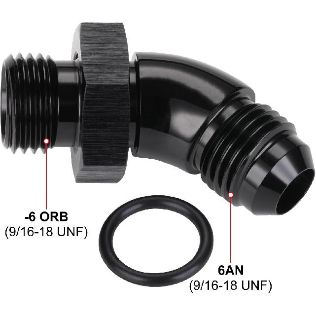 6AN Male Flare to 6AN -6 ORB O-ring Boss 45 Degree Full Flow Fitting Adapter Aluminum Black