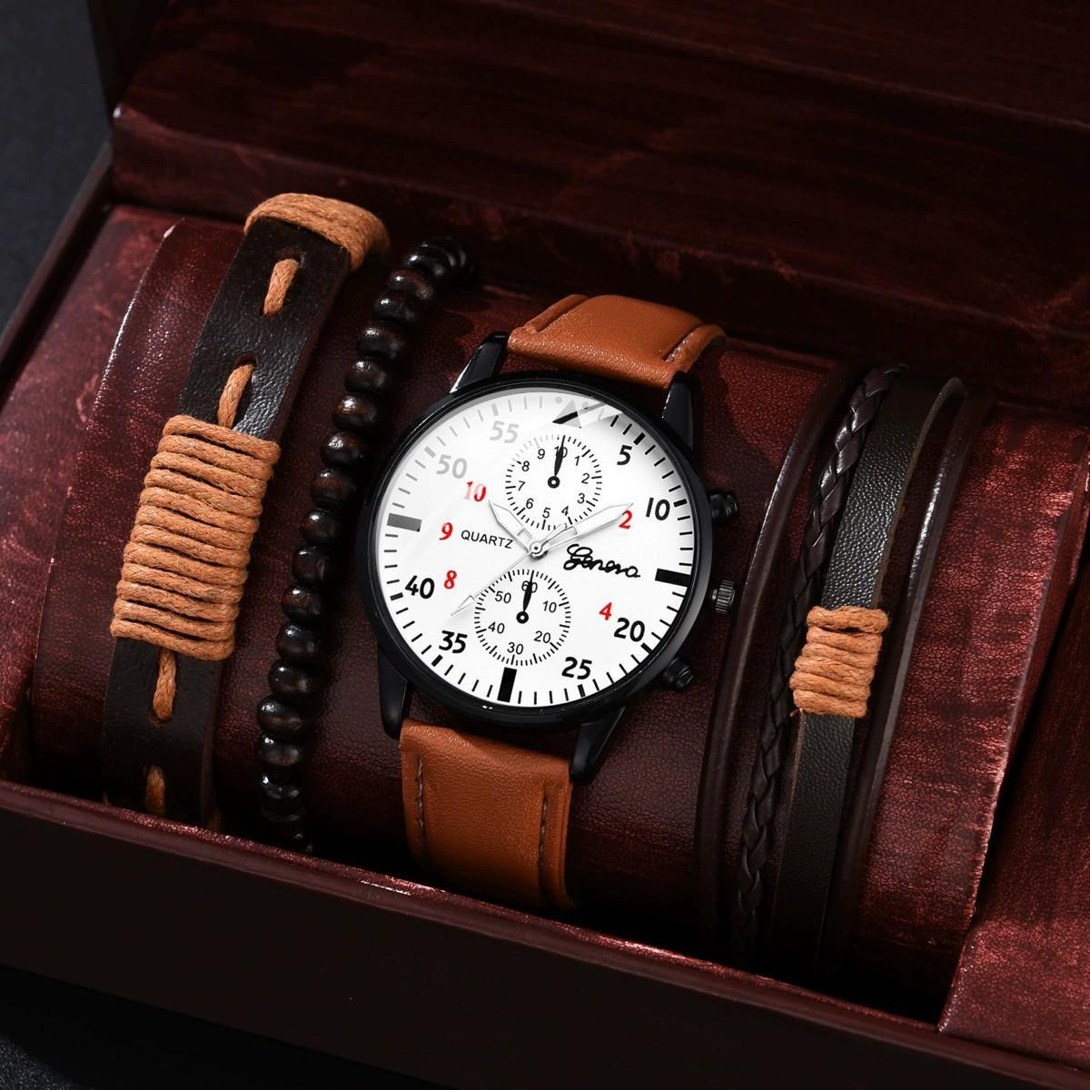 

4pcs Men Watches Bracelet Set Luxury Fashion Design Man s Quartz Wristwatch Best Male Gift Clock білий/коричневий