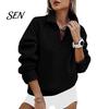 Langarm-Layering-Oberteile Damen Übergroßer Pullover, Stehkragen Reißverschluss Halbe Knopfleiste Oberteile, Leichter Pullover für Lässige Streetwear Entspannt
