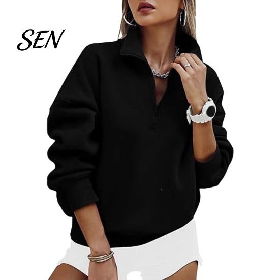 Langarm-Layering-Oberteile Damen Übergroßer Pullover, Stehkragen Reißverschluss Halbe Knopfleiste Oberteile, Leichter Pullover für Lässige Streetwear Entspannt