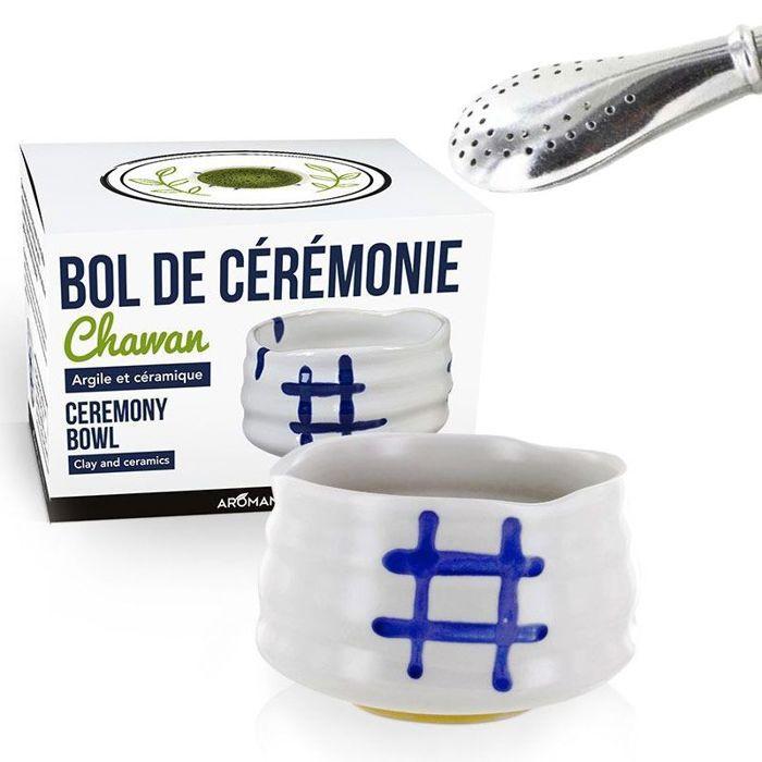 Bol de cérémonie japonais Chawan Blanc + paille inox avec filtre