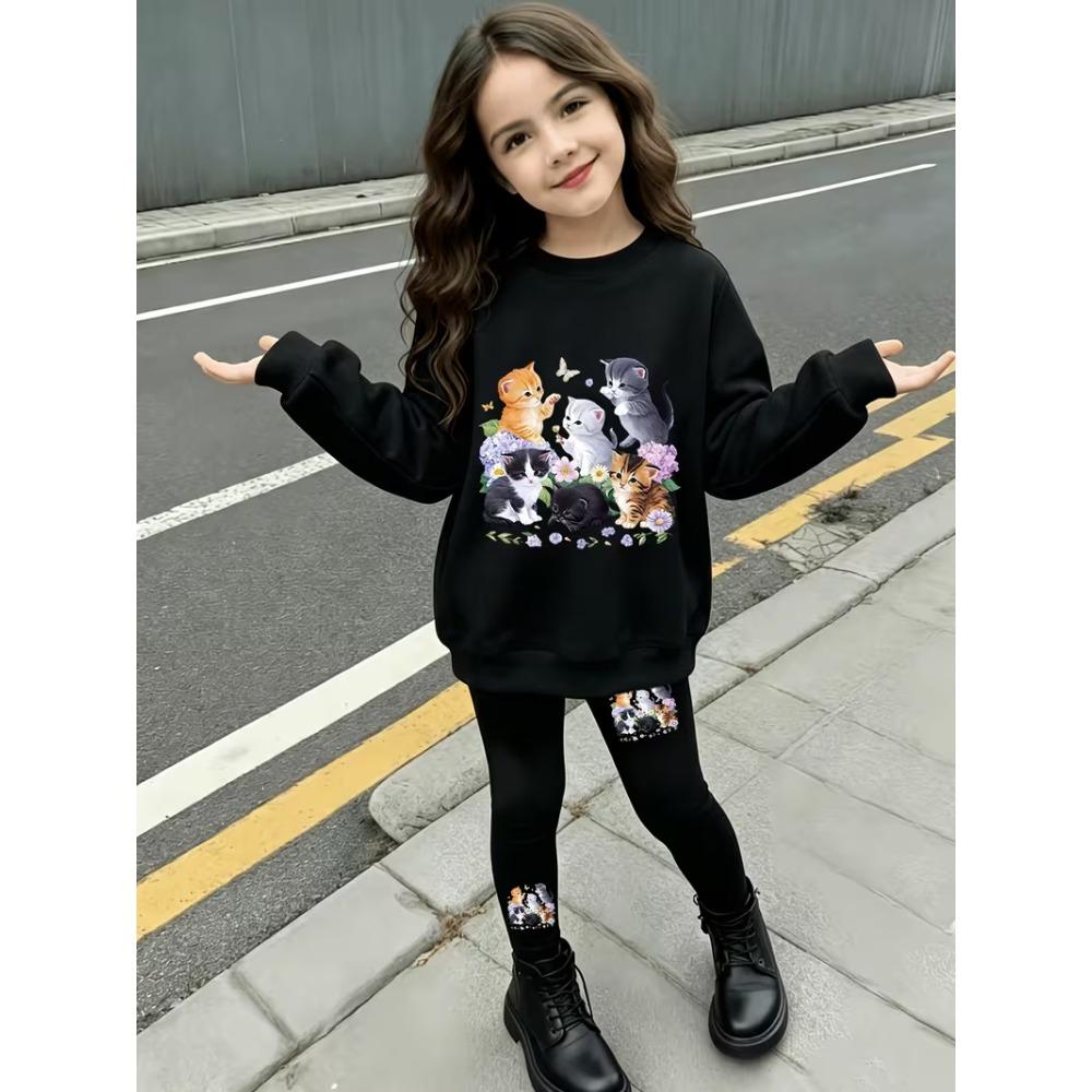 Girls' Cat Family Print Casual Comfortable Soft Loose Pullover Sweatshirt and Leggings 2-Piece Set, New Autumn/Winter, Playful, Sweet and Cool Style