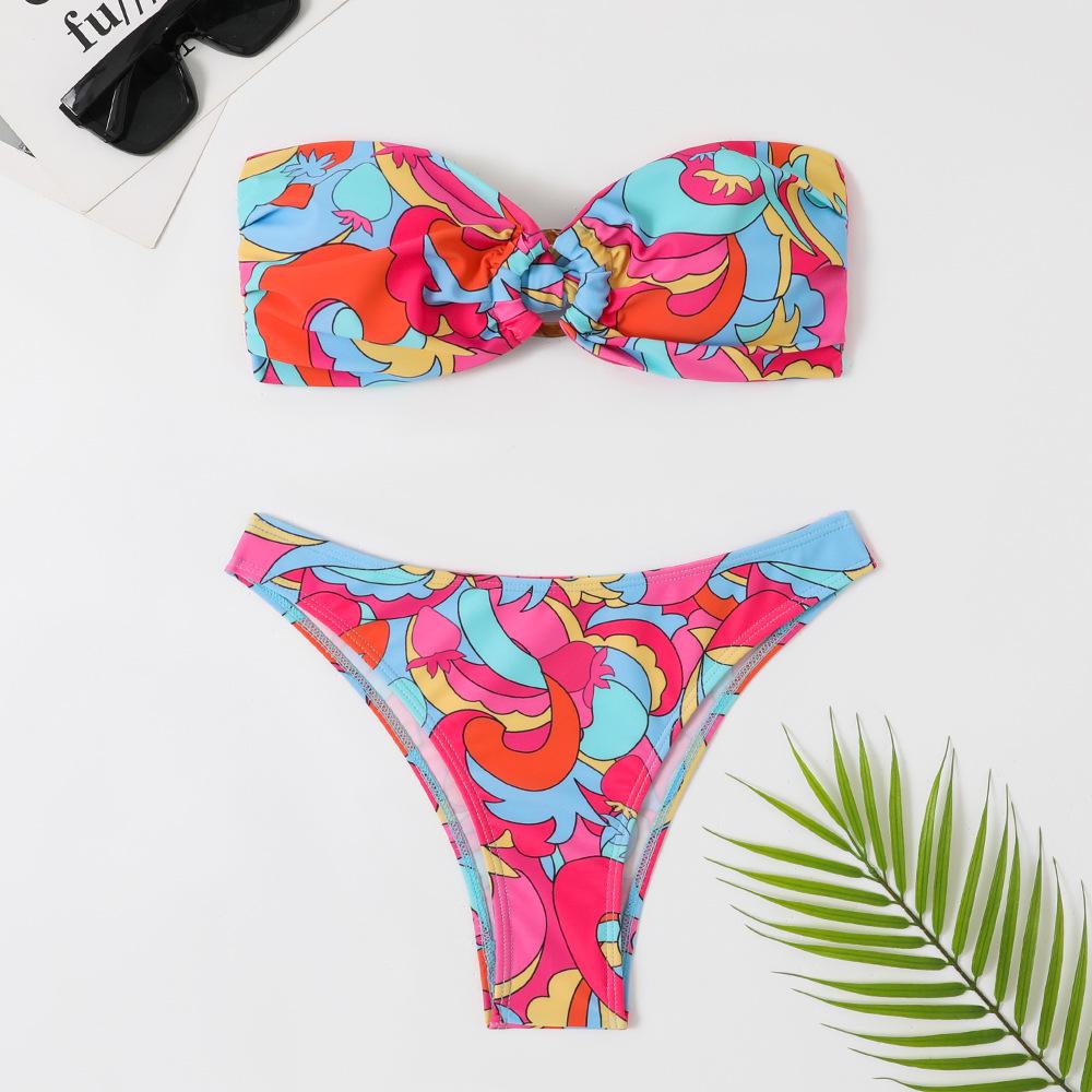 2023 Women s European and American Retro Print Bandeau Bikini Set Small