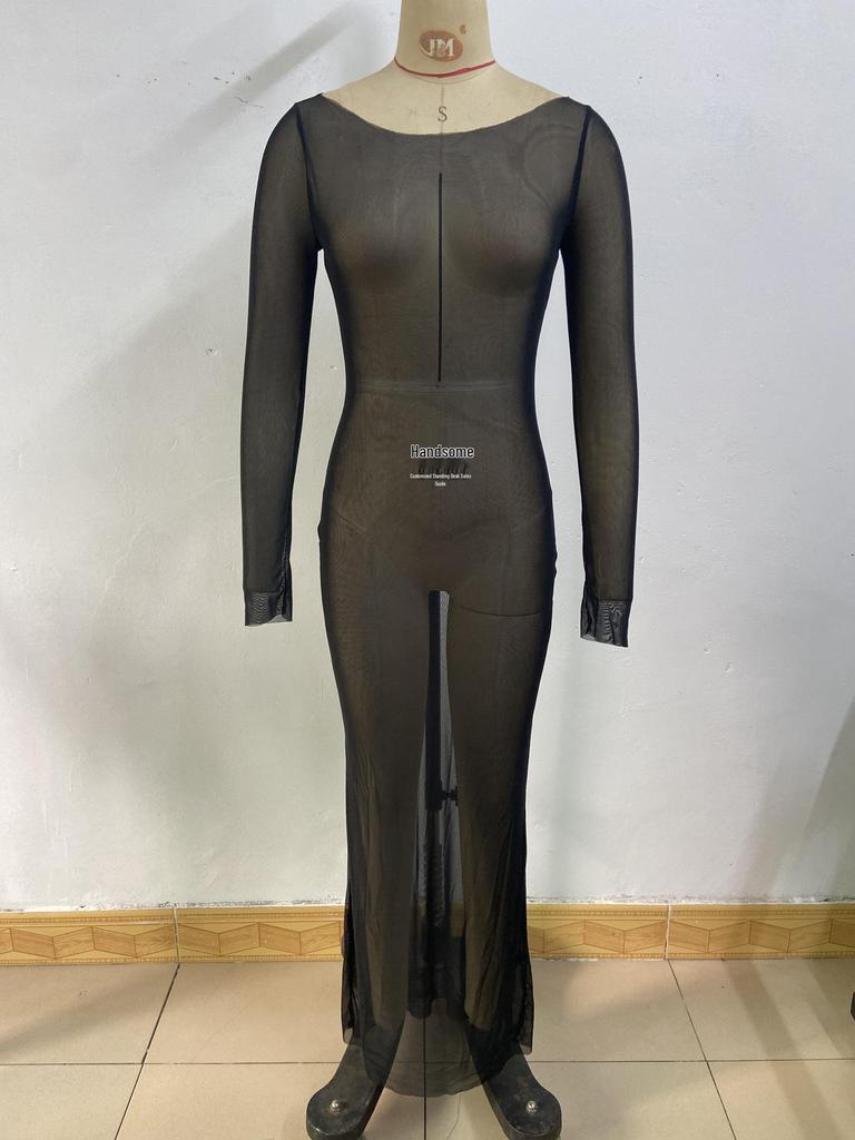 European Summer Slim Mesh See-through Long Sleeve Maxi Dress