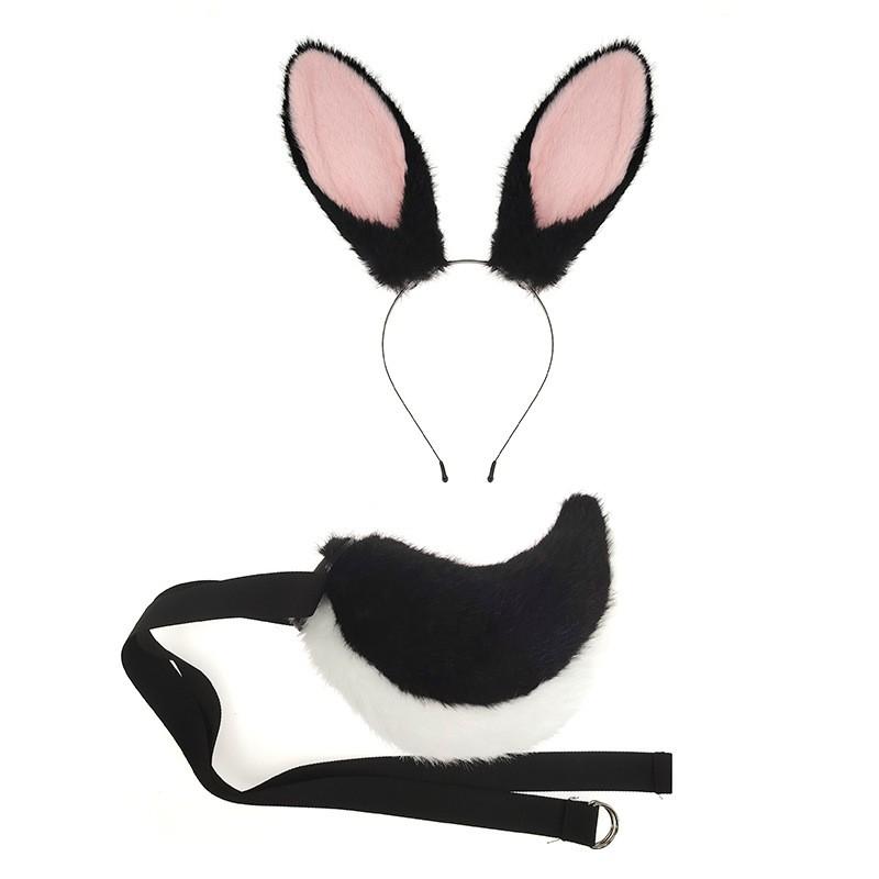 Plush Rabbit Ears Headband Tail Set Easter Costume Party Animal Themed Dress Up Accessory In White Black Camel Gray