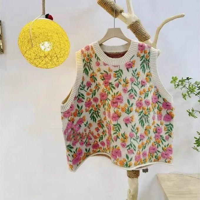 2026 New Korean Style Loose Knit Vest Women Chunky Flower Embroidery Plus Size Slim Fit Cardigan