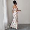 Tongyuan new women's elegant French floral flower print one-word shoulder long hip dress