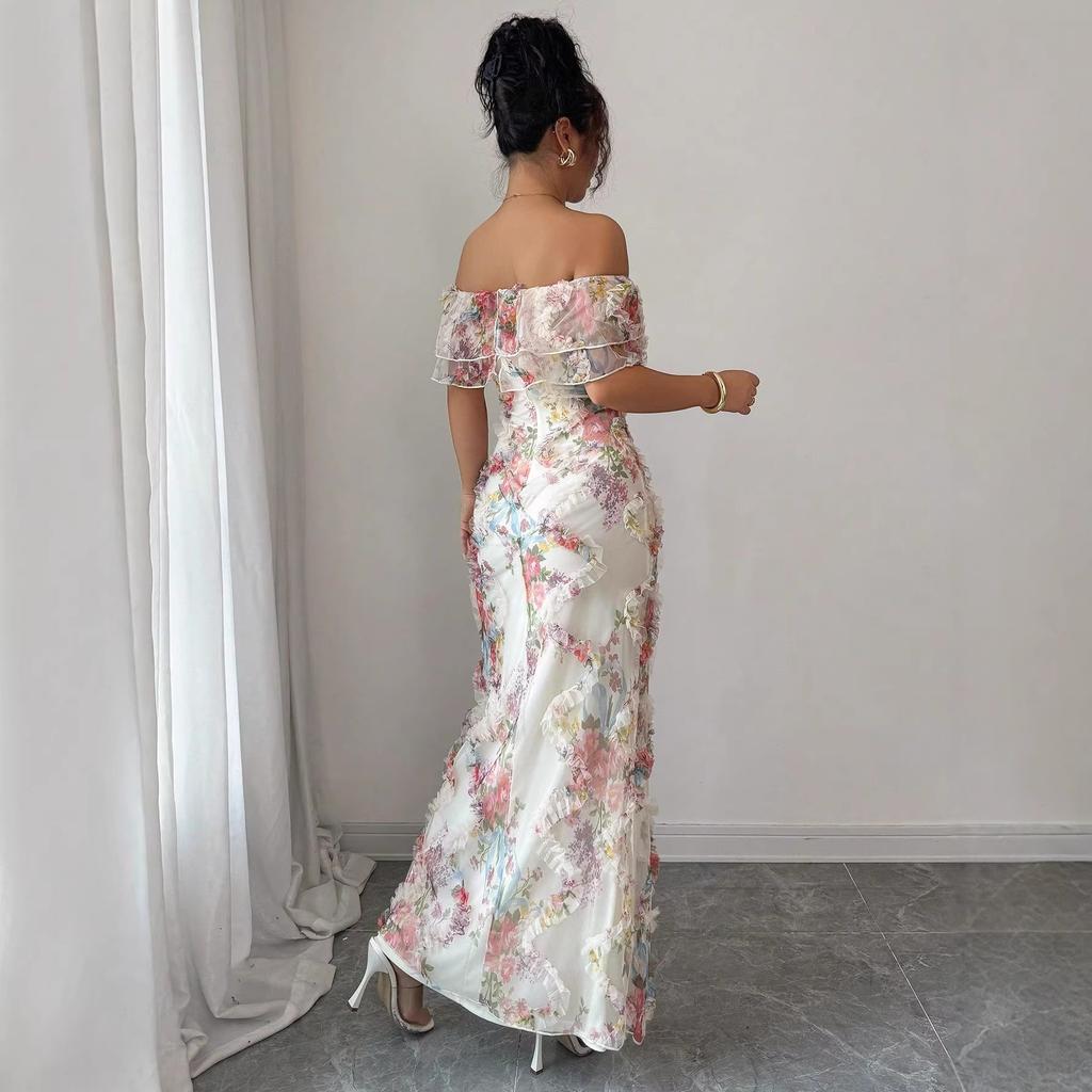 Tongyuan new women's elegant French floral flower print one-word shoulder long hip dress