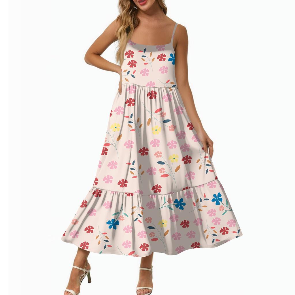 Women's Long Beach Casual Elegant Spaghetti Strap Maxi Dress Floral Low-key Flowing Bohemian Dress