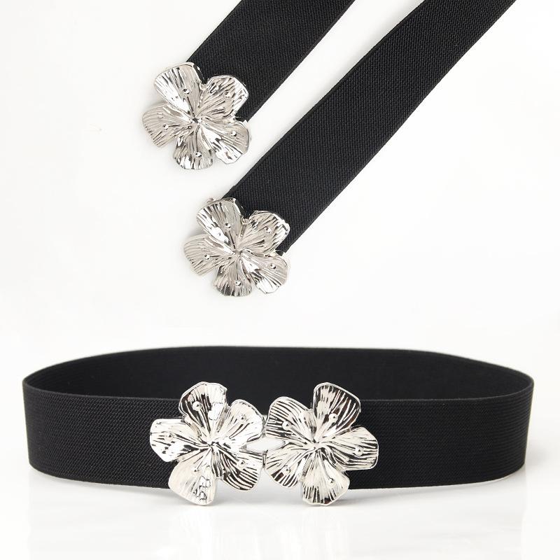 New European and American Elastic Elastic Women's Belt, Fashionable and Versatile Flower Buckle Decorative Belt with Coat Waist Seal