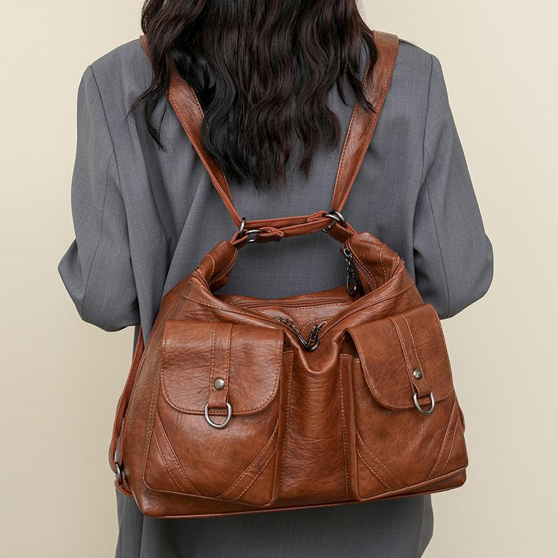 Damen Tasche Vintage Umhängetasche Große Kapazität Multi-Pocket PU Weiches Leder