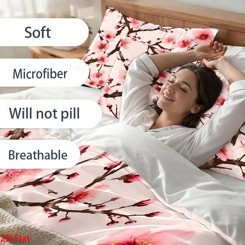 3Pc Cherry Blossom Quilt Cover Set - Nordic Style Bedding Set with Invisible Zipper, Soft Breathable Double Bed Cover