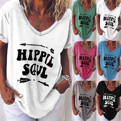 Women Fashion Casual Print V-Neck Loose Short Sleeve T-shirt Top Blouse Pullover