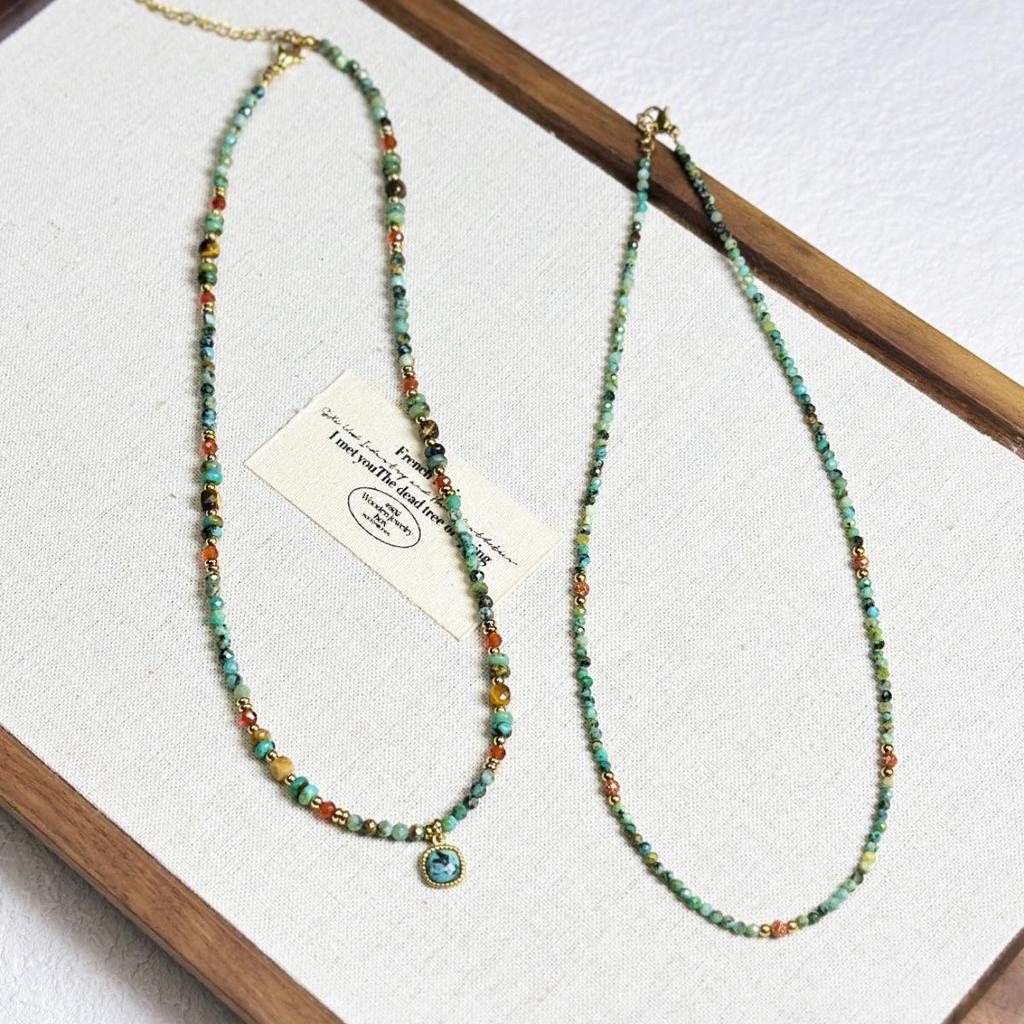 Mori-Style Turquoise Beaded Titanium Steel Necklace - Versatile Retro Sweater Chain for Women