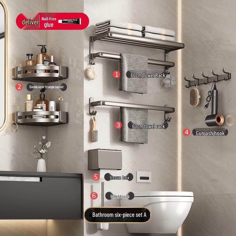 Gunmetal Gray Punch-Free Wall-Mounted Bathroom Towel and Toilet Storage Rack