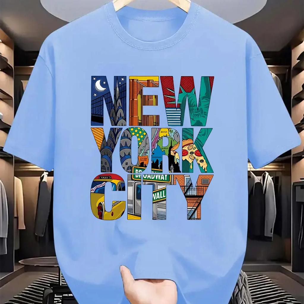 2025 Summer Men's 100% Pure Cotton New York City English Printed Round-neck Short-sleeved T-shirt Top